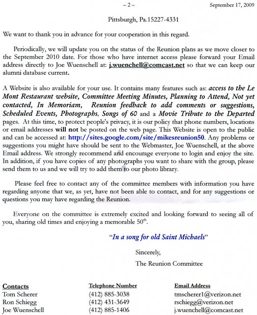 Invitation Letter - St. Michael High School 50th Reunion Pittsburgh Pa.